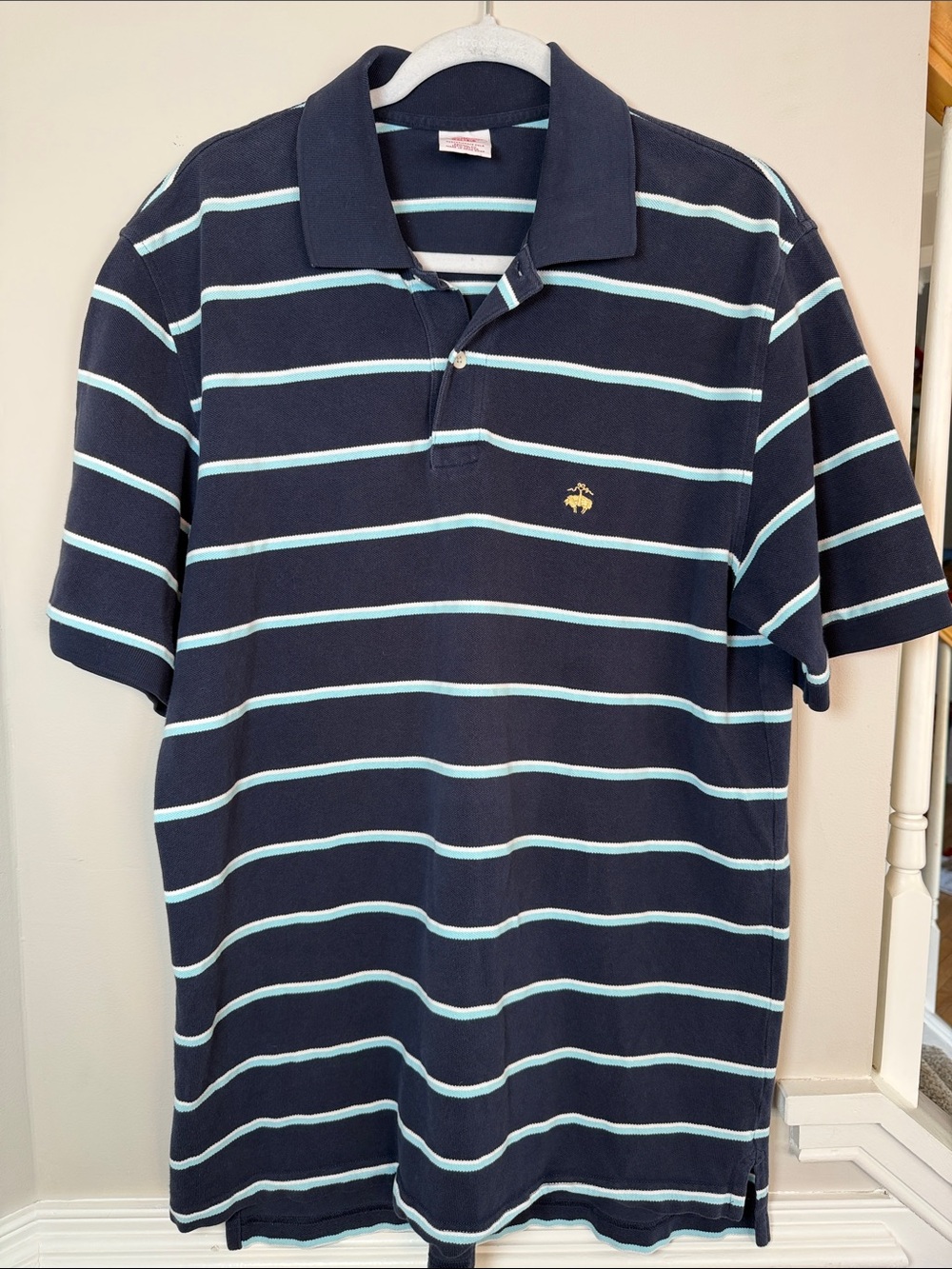 Brooks Brothers Navy Polo with Light Blue Stripes. Size Large